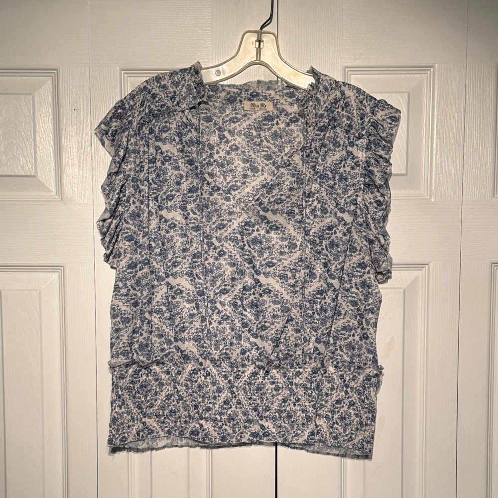 Miss Me Blue Floral Ruffle Sleeve Blouse